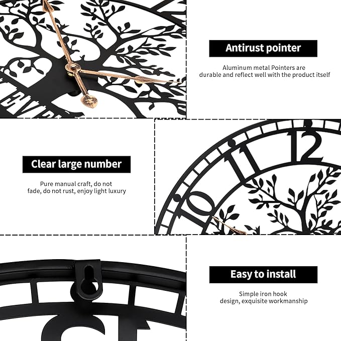 Tree of Life Wall Clock,Metal Black Large Wall Clock, 24inch Oversized Wall Clock for Living Room Bedroom Home Decor,Silent Mid-Century Clock,Modern Family Tree Clock