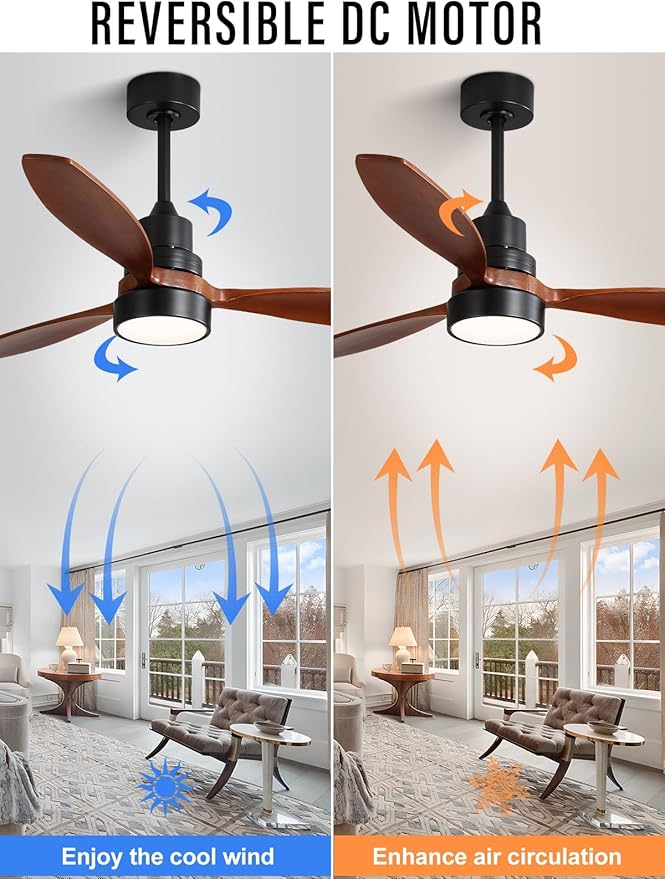 Sofucor Ceiling Fan with Lights and Remote, 52 inch Modern LED Ceiling Fan with 3 Wood Blades and 3 Black Downrods, for Indoor Bedroom Living Room Outdoor Patio Porch, Reversible, Quiet and Powerful