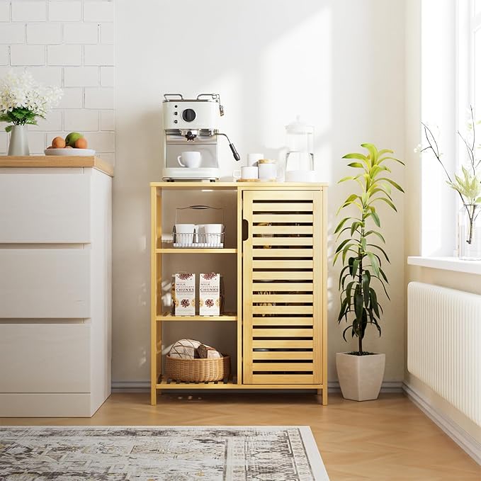 HITNET Bathroom Floor Cabinet, Bamboo Storage Cabinet with Door and 3 Open Shelves, Freestanding Side Kitchen Cupboard Organizer, Natural