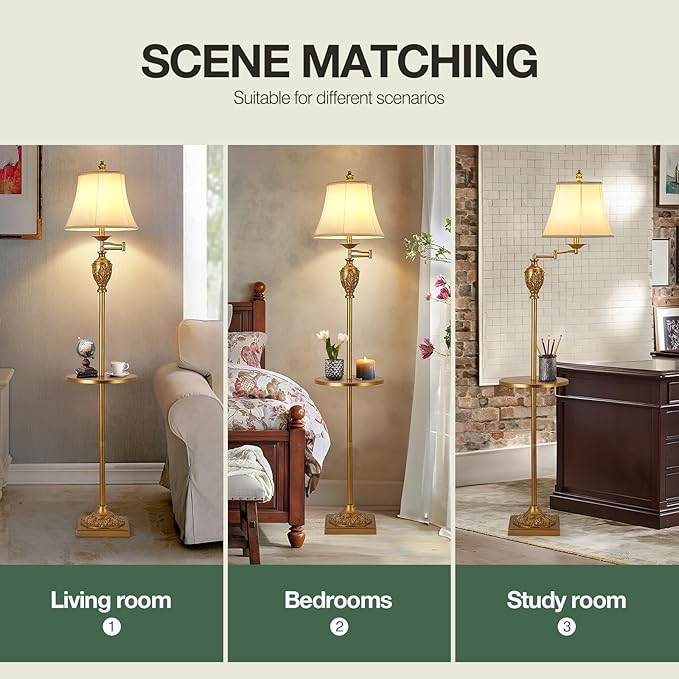 Traditional LED Floor Lamp with 350° Adjustable Swing Arm Lamp – Vintage Standing Pole lamp for Living Room, Bedroom and Office – Rustic Upright Floor Light for Home Décor with Silk Fabric Shade