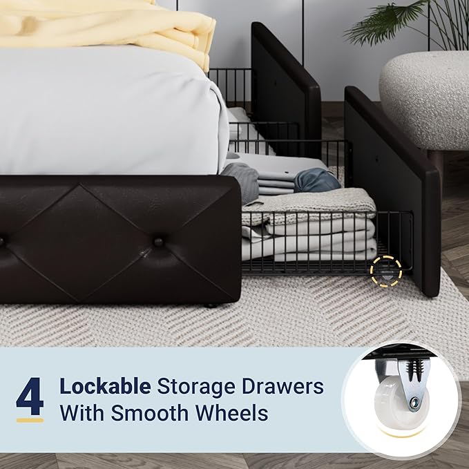 Allewie Upholstered King Size Platform Bed Frame with 4 Storage Drawers and Headboard, Diamond Stitched Button Tufted, Mattress Foundation with Wooden Slats Support, Black Brown