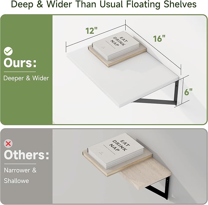Heimlove 12 Inch Deep Floating Shelves for Wall, 16W x 12D Wide White Floating Shelves Heavy Duty Wall Mounted Shelves, Wood Shelves for Living Room Bedroom Bathroom Kitchen- Set of 4