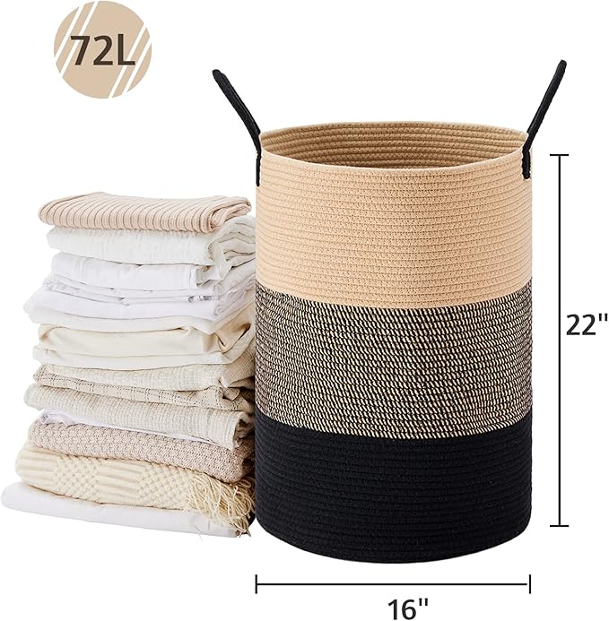 VIPOSCO Large Laundry Hamper, Tall Woven Rope Storage Basket for Blanket, Toys, Dirty Clothes in Living Room, Bathroom, Bedroom - 72L Brown & Black