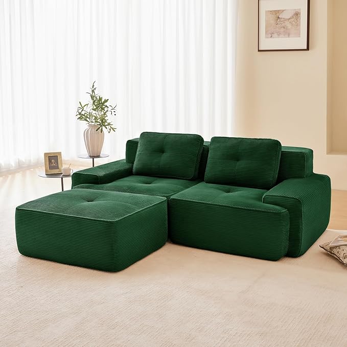 80" Modern Corduroy Boneless Love Seat Couches with 1 Ottoman, 2 Seater Large Sectional Couches for Living Room, Green Cloud Modular Sectional Sofa, Memory Foam, Extra Deep Loveseat, No Assembly