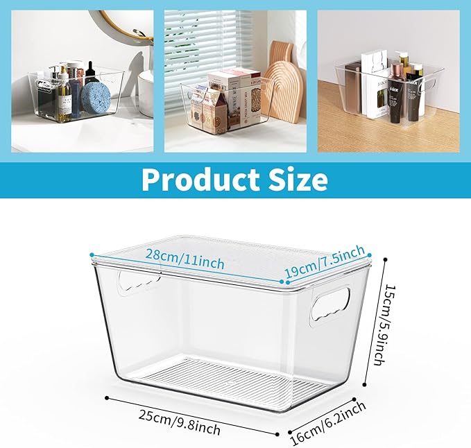 Clear Plastic Storage Bins, Pantry Organizers & Storage Containers, Cabinet Organizer, Home Organization Must Haves for Kitchen, Laundry Room, Office, Closet & Freezer (4 Pack with Lids)
