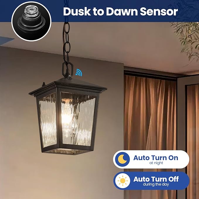 Outdoor Pendant Light, Black Outdoor Porch Light fixtures with Dusk to Dawn Sensor, Exterior Hanging Lantern Height Adjustable Outside Chandelier with Water Glass for House Patio Garage