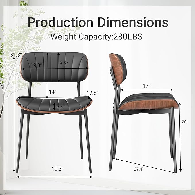 Mid Century Modern Dining Chairs Set of 2,Upholstered Faux Leather Kitchen Chairs with Walnut Bentwood Back and Metal Legs for Kitchen Dining Room Living Room, Black