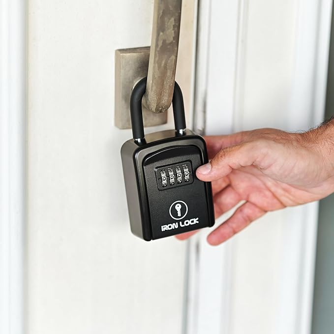 Iron Lock® Key Lock Box Portable with U-Shackle – Small Waterproof Heavy-Duty Metal Safe with 4-Digit Combination for Spare Keys Outside on Door Knob, Fence, or Gate (Black, Small)