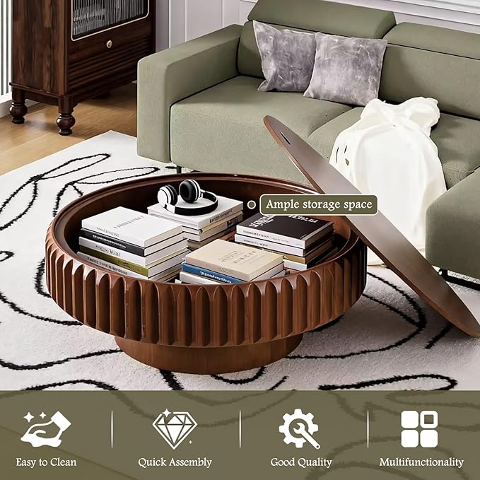 Round Coffee Table with Hidden Storage, Modern Circle Coffee Tables Handcraft Fluted Drum Coffee Table with Solid Wood Relief, Mid Century Center Table for Living Room Apartment (Walnut 39.37 Inch)