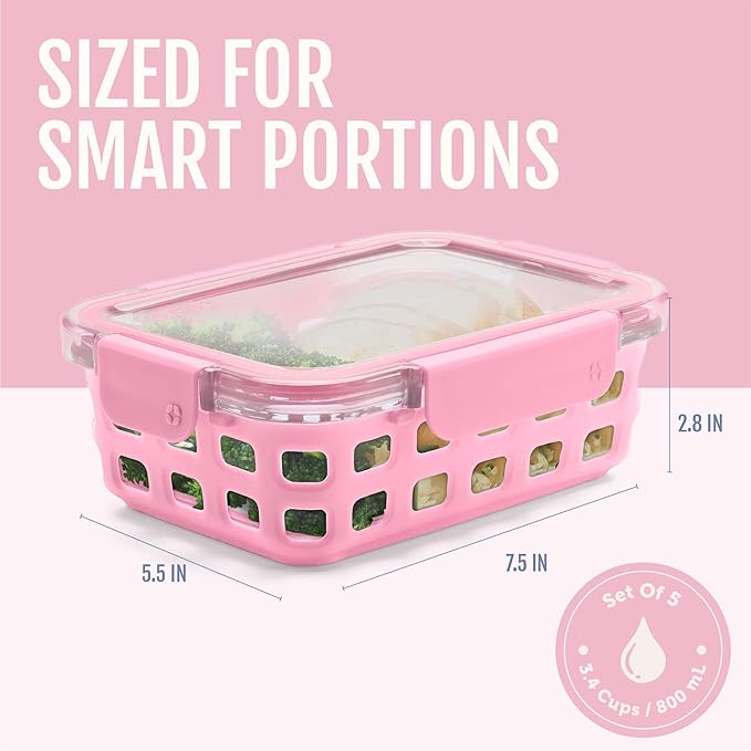 Ello Duraglass 3.4 Cup Meal Prep Sets 10Pc, 5 Pack Set- Glass Food Storage Container with Silicone Sleeve and Airtight BPA-Free Plastic Lids, Dishwasher, Microwave, and Freezer Safe, Meadow