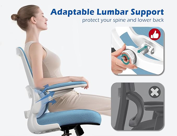 TRALT Ergonomic Office Chair - Desk Chair with Adjustable Lumbar Support Computer Chair - Mesh Comfy Chair with Flip-up Armrests - Gaming Chairs for Adults Home Office (PU Leather, Sky Blue)