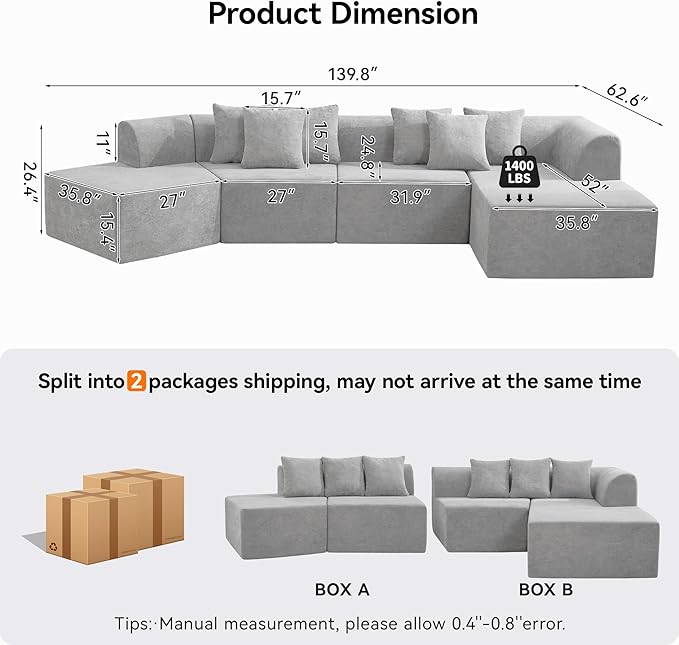 140''Oversized Cloud Velvet Curved Sectional Couch, Boneless Couch with L-Shape Chaise, Upholstered Compression Memory Foam Modular Sectional Sofa for Living Room, No Assembly Required, Grey