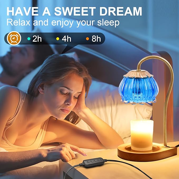 Candle Warmer Lamp with Timer, Dimmable Candle Warmer Lantern Light, Electric Glass Shade Jar Candle Warming Holders for Home Decoration Gift for Women, Dark Blue