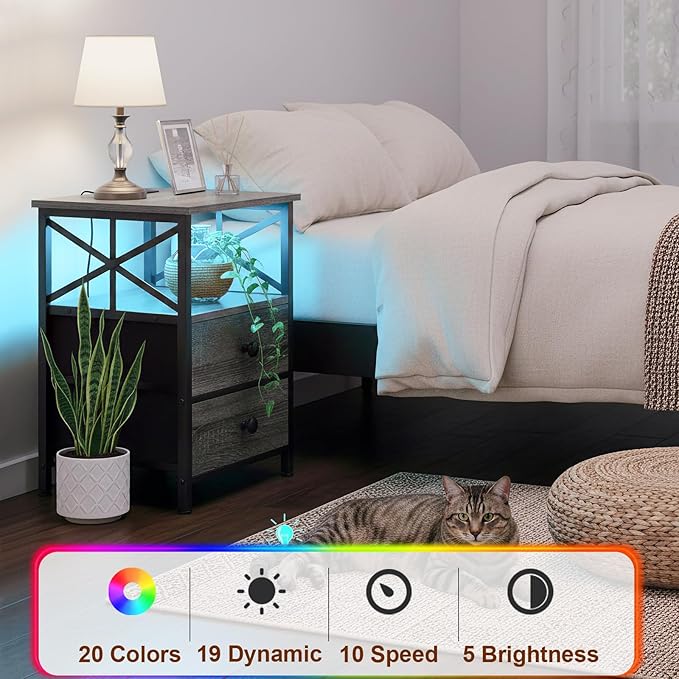 AMHANCIBLE Night Stand Set 2, LED Nightstand with Charging Station, End Tables Living Room with Fabric Drawers, Bedside Table for Bedroom, Dark Grey HET052LDG