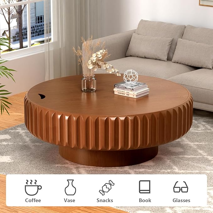 39.37'' Wooden Round Coffee Table with Storage, Modern Luxury Circle Drum Center Tables with Solid Wood Fluted, Accent Round Coffee Table for Living Room Apartment Small Space, Walnut