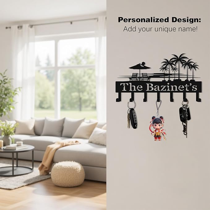 Tropical Key Hook Wall Decor,Personalized Key Holder of Palm Tree & Beach Lounge Chair Design,Stylish Key Holder Wall Mounted for Hallway,Front Door,Entryway