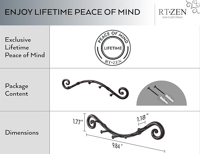 RTZEN Farmhouse Small Key Holder for Wall - Handcrafted Swirl Decorative 5 Key Hooks for Home Entryway - Wrought Iron Wall Mount Rack Purse Coat and Leash Holder or Organizer (Swirly Black)