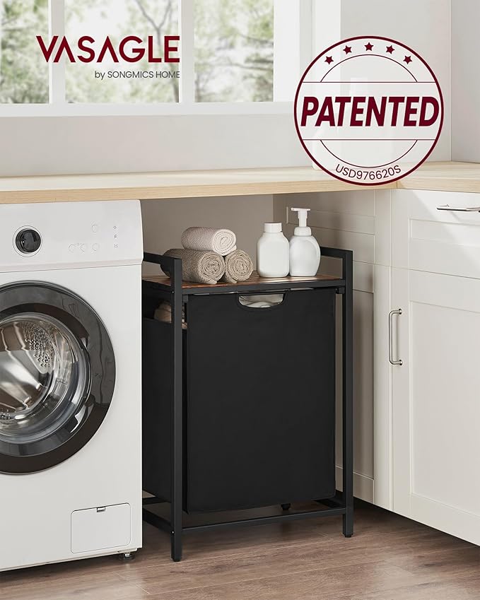 VASAGLE Laundry Hamper, Laundry Basket, Laundry Sorter with A Pull-Out and Removable Bag, Shelf, Metal Frame, 17.2 Gallons (65 L), 19.7 x 13 x 28.4 Inches, Black and Rustic Brown UBLH101B01