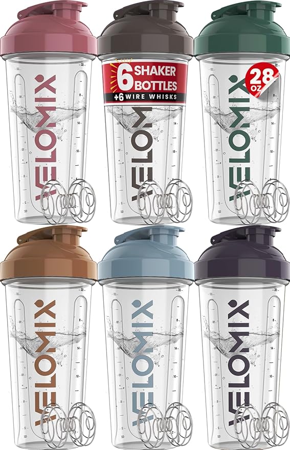 VELOMIX -6 PACK- 28 oz Protein Shaker Bottle for Protein Mixes - 6x Wire Whisk | Leak Proof Shaker Cups for Protein Shakes | Protein Shaker Bottle Pack | Protein Shake Cup (Muted Clarity)