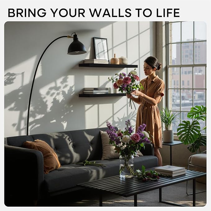 Homeforia Floating Black Shelf 60 inch, High End Solid Real Wood 60 inches Long Floating Shelves for Wall, Black Wooden 60inch Large Floating Shelves, Heavy Duty Bracket, 60 X 6.5 X 1.75 in, Set of 2