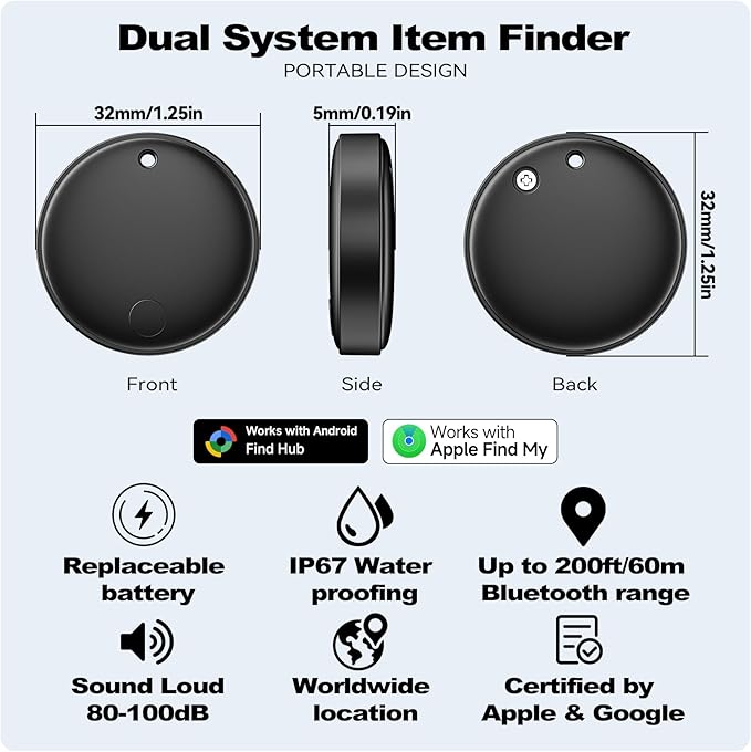 Dual System Smart Tag Tracke for iOS and Android, Smart Bluetooth Tracker Work with Apple Find My or Google Find Hub App, Keys Finder Item Locator, IP67 Waterproof (Black, 2 Pack)