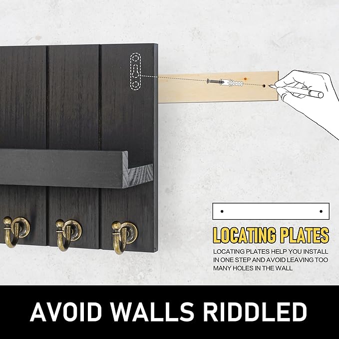 Rebee Vision Farmhouse Key Holder for Wall - Modern Key Racks for Wall Decor Living Room and Mail Organizer with Shelf for Apartment Essentials - Home Decor Aesthetic (Black, 3.54"D x 10"W x 7.28"H)