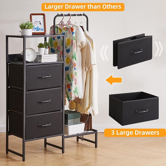 Clothes Rack with Shelves and Hanging Rod, 3 Drawers Small Coat Hanger, Reversible Clothes Rack, Black YD-TM081B
