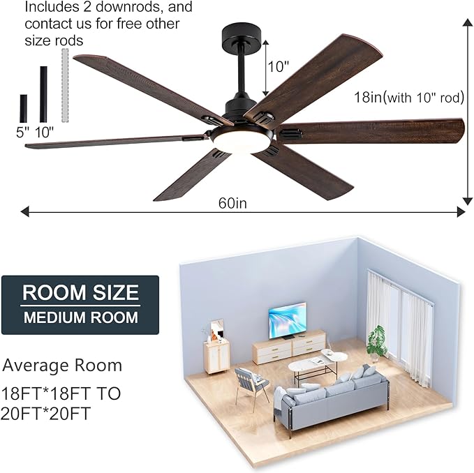 BOOMJOY 60 Inch Black Outdoor Ceiling Fans with Lights and Remote, Dimmable 6 Blade Large Outdoor Ceiling Fans for Patios, Black Ceiling Fan with Light for Bedroom Indoor Living Room