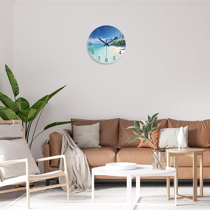 XFM Beach Wall Clock 14 Inch Silent Wall Clocks Battery Operated Blue Tropical Hawaii Coastal Wall Clock for Living Room Bedroom Home Office Decor