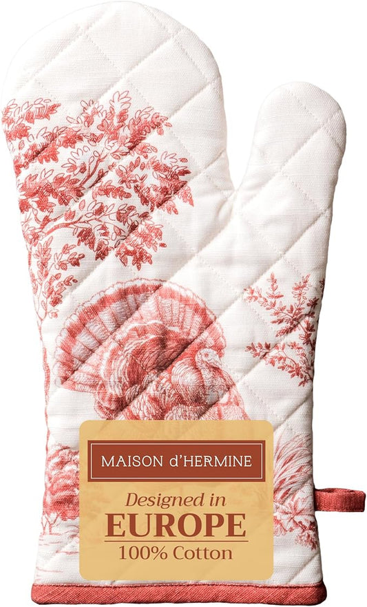 Maison d' Hermine Oven Gloves 100% Cotton Oven Mitt 7" x 13" with Loop Heat Resistant BBQ Cooking Gloves for Thanksgiving Christmas Decorations Baking Handling Hot Pans (Pack of 1, Holy Jouy - Red)