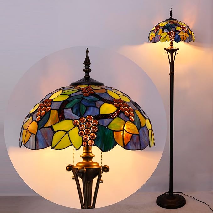 Tiffany Floor Lamp Purple Stained Glass Grape Standing Reading Light 16X16X70 Inches Antique Pole Corner Lamp Decor Bedroom Office Living Room