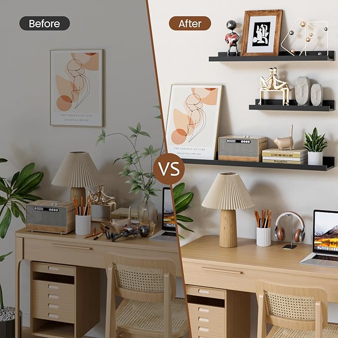 Heimlove Floating Shelves Set of 6, 16" Wall Mounted Picture Ledge, Display Shelf Organizer for Decor Storage, Wall Mounted Shelves for Living Room, Bedroom, Bathroom, Kitchen (Black)