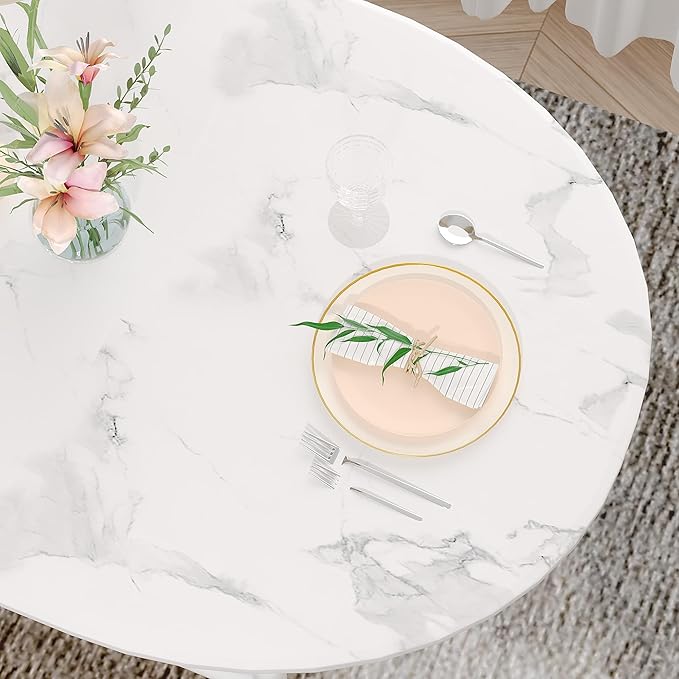 VECELO 3-Piece Dining Table Set for Kitchen Breakfast Nook, Faux Marbled Oval Tabletop and Metal Frame with Built-in Wine Rack, for Small Spaces, White