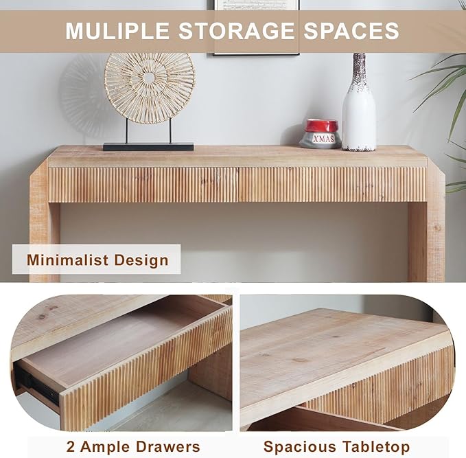 Rustic Wooden Console Table with Drawer, Sofa Table Behind Couch with Ribbed Texture, Retro Entryway Table for Hallway Foyer (51.8 Inch, Natural Wood)