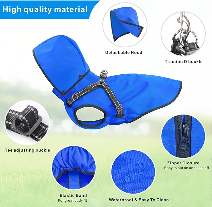 Mosucoirl Dog Raincoat Waterproof Dog Hoodie Reflective Doggie Raincoat Hooded Adjustable Rain Jacket for Small Medium Large Dogs Puppies Doggie Black Red Yellow Green (Blue, XXL)