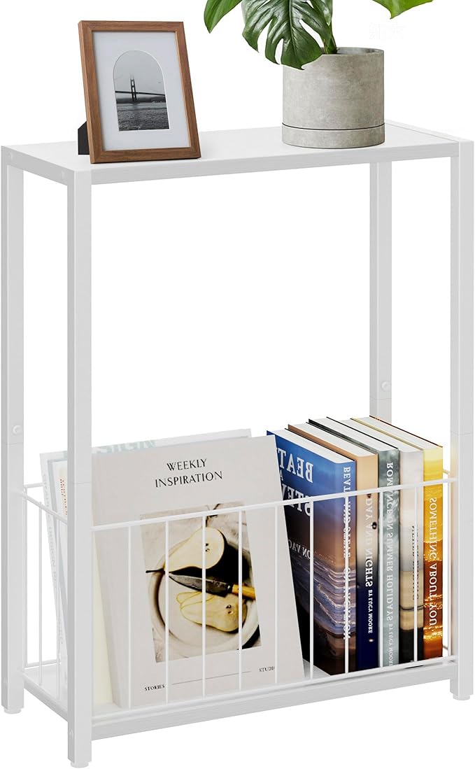 Narrow Side Table with Magazine Holder, Skinny End Table Perfect for Small Spaces, Space-Saving Design for Living Room, Bedroom, or Office, 7.1" D x 16.9" W x 23.6" H, White