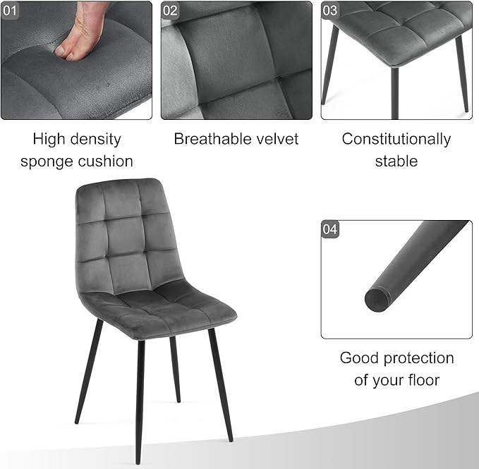 Velvet Dining Chairs Set of 4 - Grey Dining Room Chairs with Metal Legs Ideal for Kitchen, Dining Room - Kitchen Chairs Set for 4