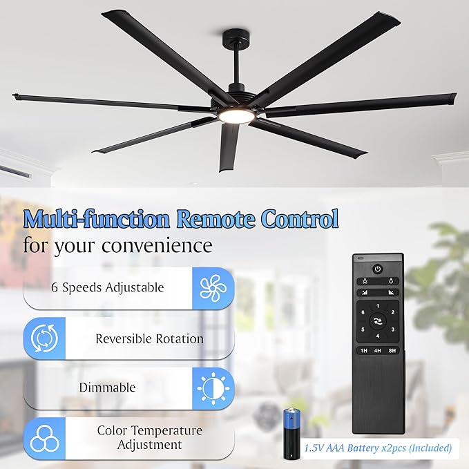 Industrial Ceiling Fans with Lights and Remote, 84 Inch Black Large Ceiling Fan with Dimmable Light, Outdoor Ceiling Fans for Patio, Living Room, Garage, 6-Speed Reversible DC Motor, 7 Aluminum Blades