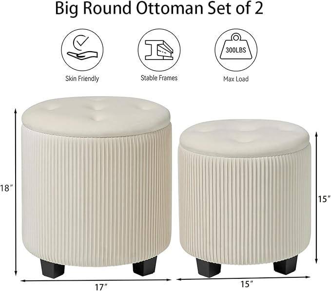 Round Ottoman with Storage Set of 2-Upholstered Sherpa Vanity Stool for Makeup Multifunctional Ottomans Coffee Table Padded Seat Foot Rest (Engineered Wood, Large White)