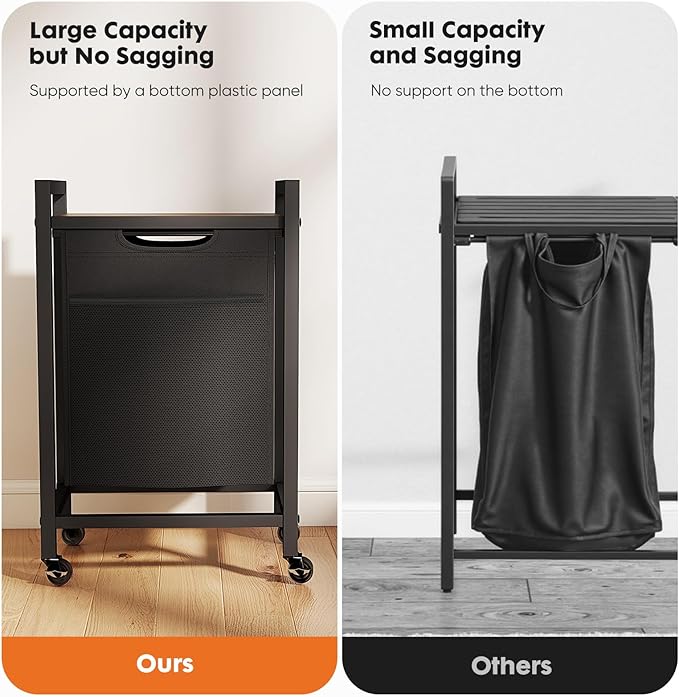 Sweetcrispy Laundry Hamper with 1 Pull-Out Removable Sorter Bags, Movable Wheels, Freestanding Clothes Basket Organizer in Bathroom, 1 × 18.3Gal (69L) Capacity, Rustic Brown and Black