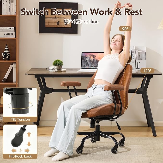 YFO Home Office Desk Chair Office Rubber Casters Ergonomic Computer Chair with Lumbar Support Adjustable Height Rolling Swivel Executive Task Armrests Chair， Brown Leather