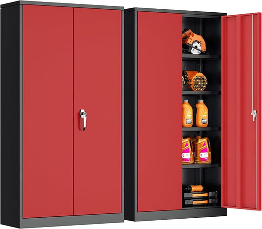 INTERGREAT Metal Storage Cabinet,72" Steel Lockable File Cabinet with Locking Doors and Adjustable Shelves,Locking Tool Cabinets for Office,Home,Garage,Gym,School (Black Red)