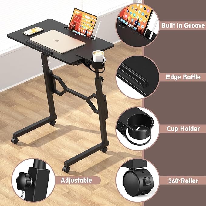 Small Standing Desk with Wheels, Portable Treadmill Desk, Rolling Desk Adjustable Height for Laptop, Mobile Standing Table for Walking Pad, Bedside Table