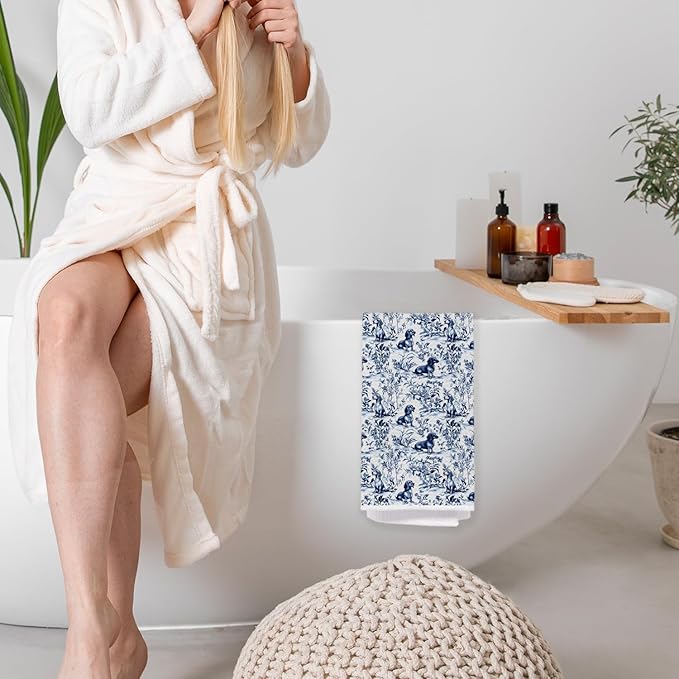 Blue Chinoiserie Dachshund Kitchen Towels, Gifts for Dachshund Lovers, Blue and White Sausage Weiner Dog Dish Tea Towels, Grandmillennial Doxie Dog Hand Towel for Bathroom Kitchen, 16x24 Inch