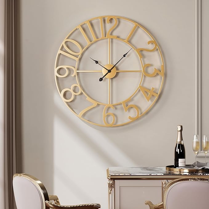 Cuspin 20 Inch Wall Clock Gold, Large Decorative Wall Clocks Battery-Operated, Modern Metal Round Clock Silent Non Ticking Arabic Numerals for Living Room Kitchen Mantel Office Decor