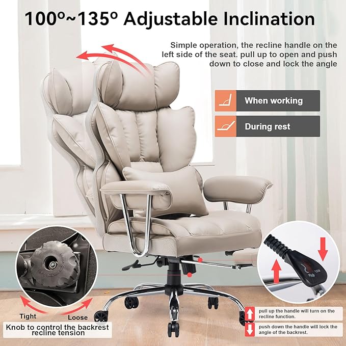 Efomao Big and Tall Office Chair 400lbs – PU Leather Executive Office Chair with Lumbar Support & Leg Rest, Heavy-Duty Computer Chair for Home Office, Grey
