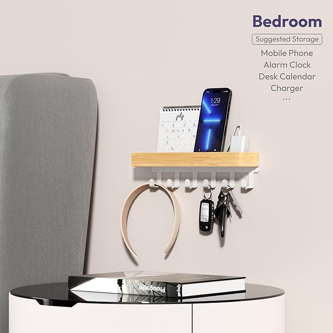 SWTYMIKI Key Holder Wall Mount-Wooden Key Hooks for Wall with Mail Organizer & 6Hooks, 2Installation Ways Key Hanger, Key Rack with Shelf for Entryway Living Room Bedroom Home Decor Wood White Hook