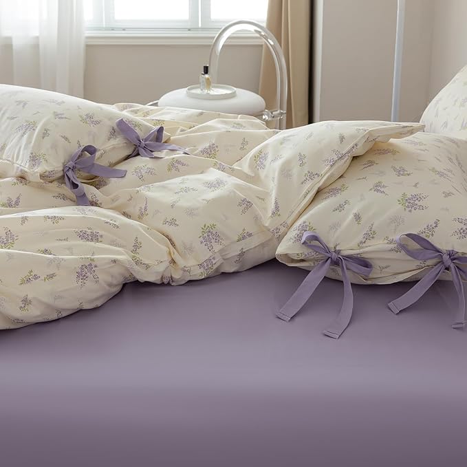 Purple Duvet Cover Set Twin XL 3 Pieces Lavender Flower Duvet Cover Girls Cottagecore Bedding Set 100% Cotton Vintage Floral Comforter Cover Cute Flower Botanical Duvet Cover with Zipper Closure