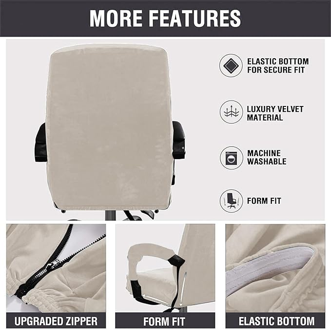 Velvet Plush Stretchable Office Desk Chair Cover Cat Proof with Wheels, Chair Seat Cover with Armrest Protector for Pets & Kids, Removable for Ergonomic Mesh Computer Rolling Chair, Beige, XL