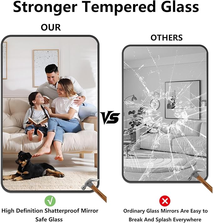 Koonmi Bathroom Mirror, 30X48 Brushed Black Metal Framed Wall-Mounted Mirror for Over Sink, HD Tempered Glass, Anti-Rust, Rounded Rectangle Mirror for Restroom, Bedroom, Hangs Horizontal or Vertical